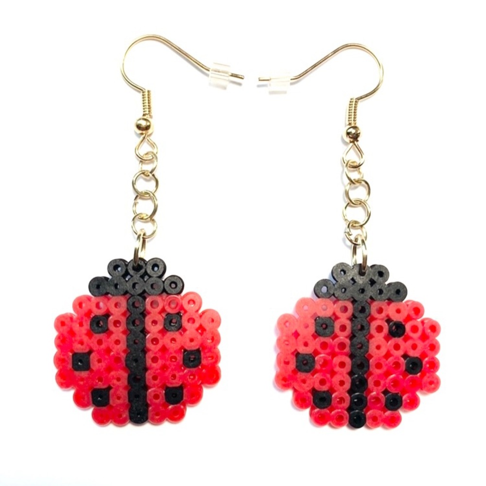 Handmade Mini Perler Bead Black/Red Ladybug Earrings. New